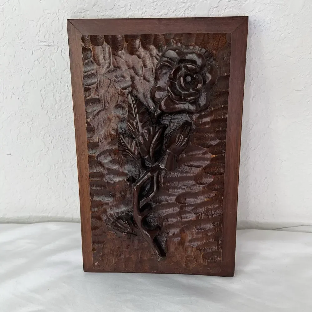 Vintage Hand Carved Rose sculpture 3D home decor, hanging wall decor, solid wood